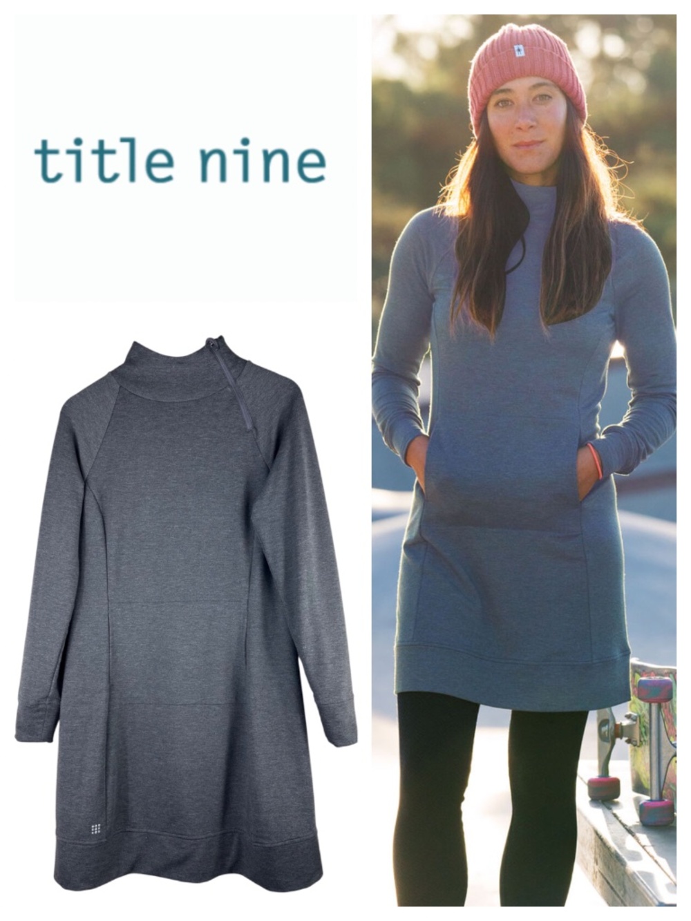 Title Nine Guthrie Dress Sz Medium Gray Athletic Mockneck Chic Layer Comfort